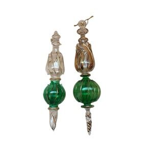 Set Of 2 Egyptian Glass Christmas Swirl‎ Finial Ornament Clear Green Gold